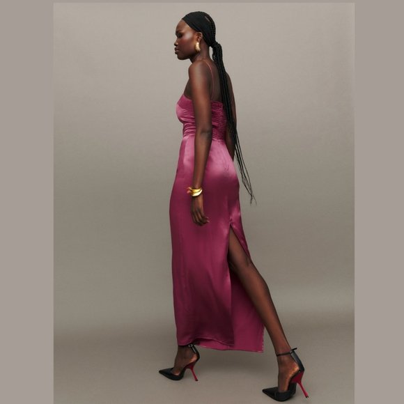 Reformation Frankie Silk Dress | Strawberry Wine Rosette  🕸Silk🕸 🎉NEW 🎀 ✂🏷️ - Picture 3 of 13